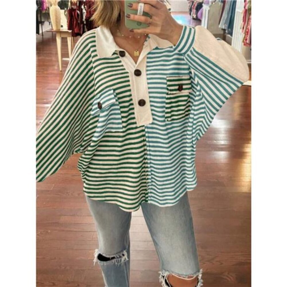Striped Oversized Half Button Sweatshirt